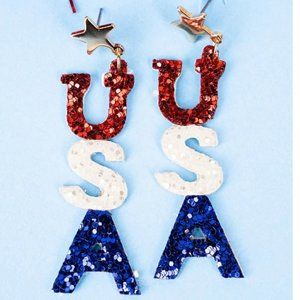 NWT *BOUTIQUE* GLITTER USA EARRINGS PERFECT for PATRIOTIC HOLIDAYS